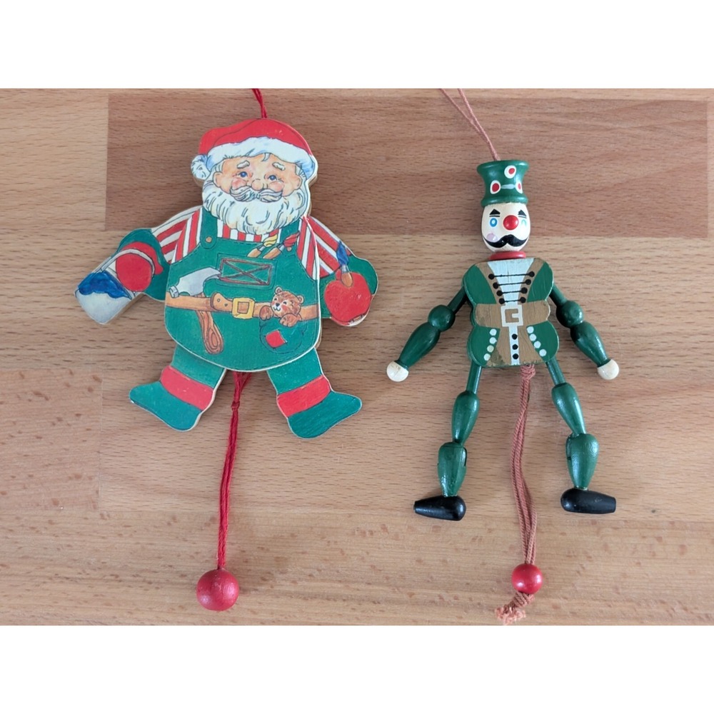VTG Pull String Toy Wood Ornament Santa Clause Jumping Jack Ornament Nostalgic